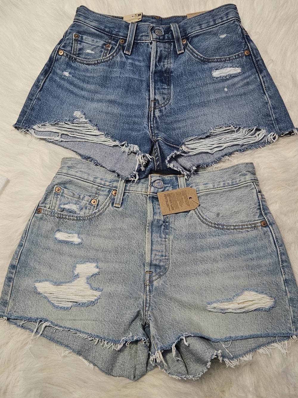 Levi's Distressed Jean Shorts in Dark Blue and Light Blue